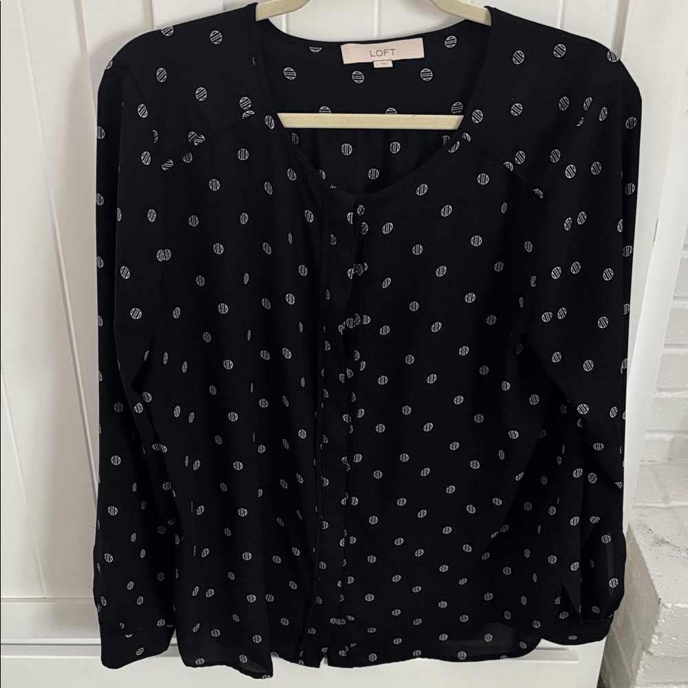 LOFT Black Blouse with White Dots